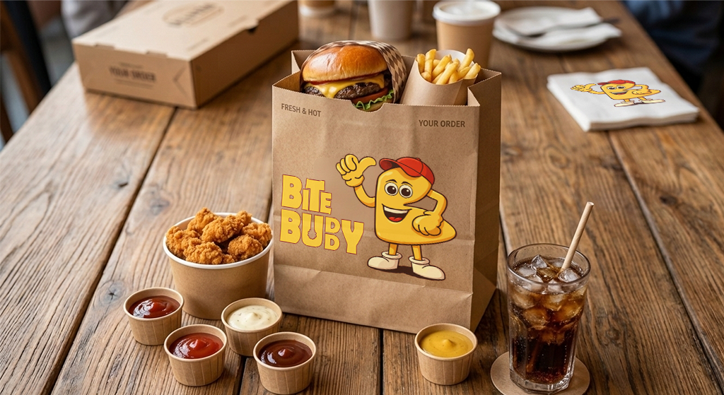 BiteBuddy branded paper takeaway bag with burger, fries and sauces on a wooden table