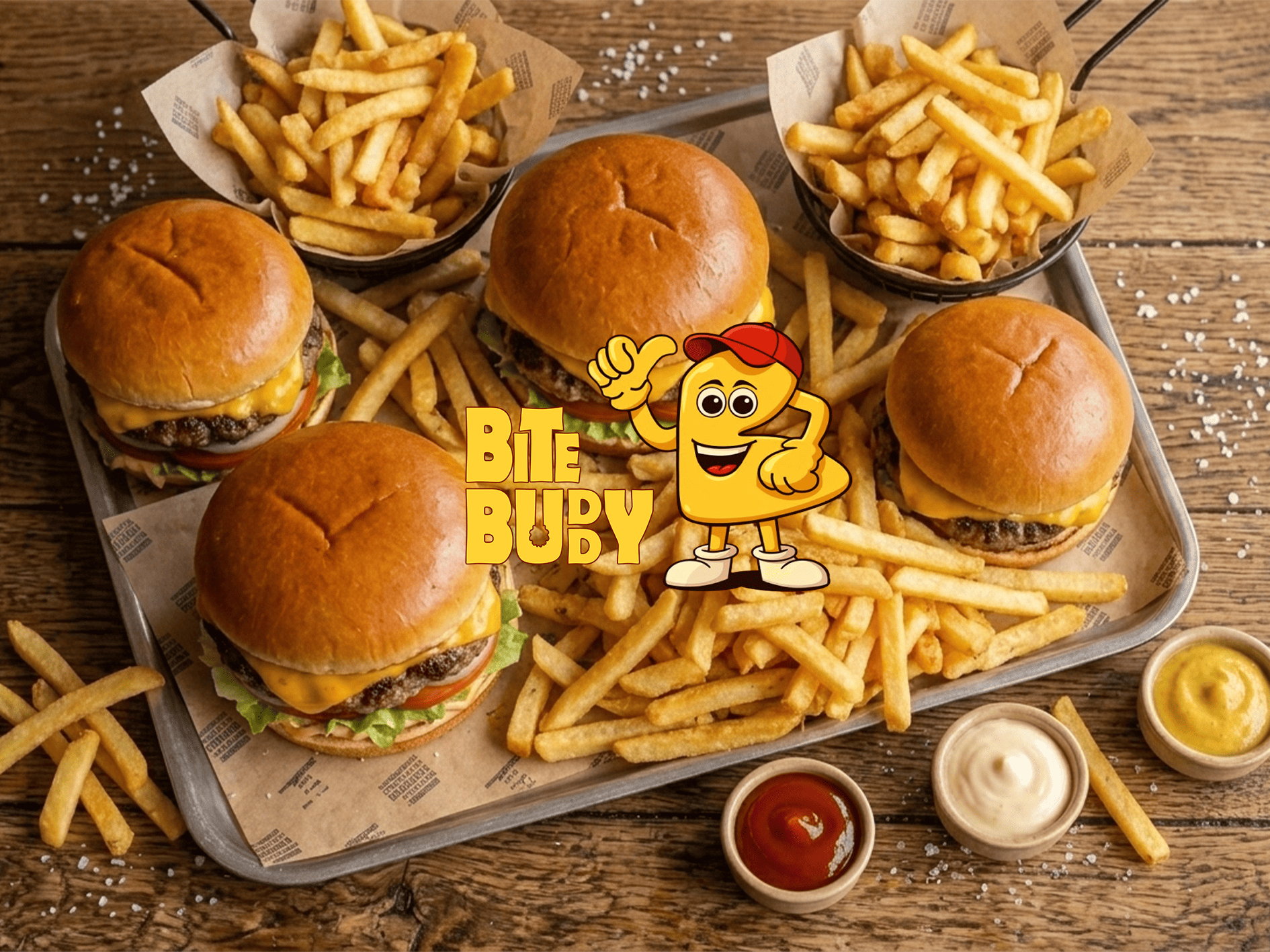 Tray of BiteBuddy burgers and fries with the mascot logo overlay