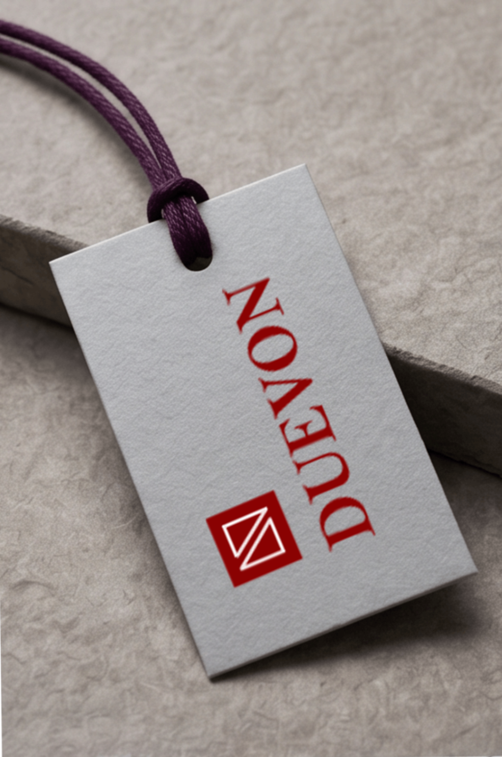Duevon heavyweight cardstock hangtag with woven crimson pull cord