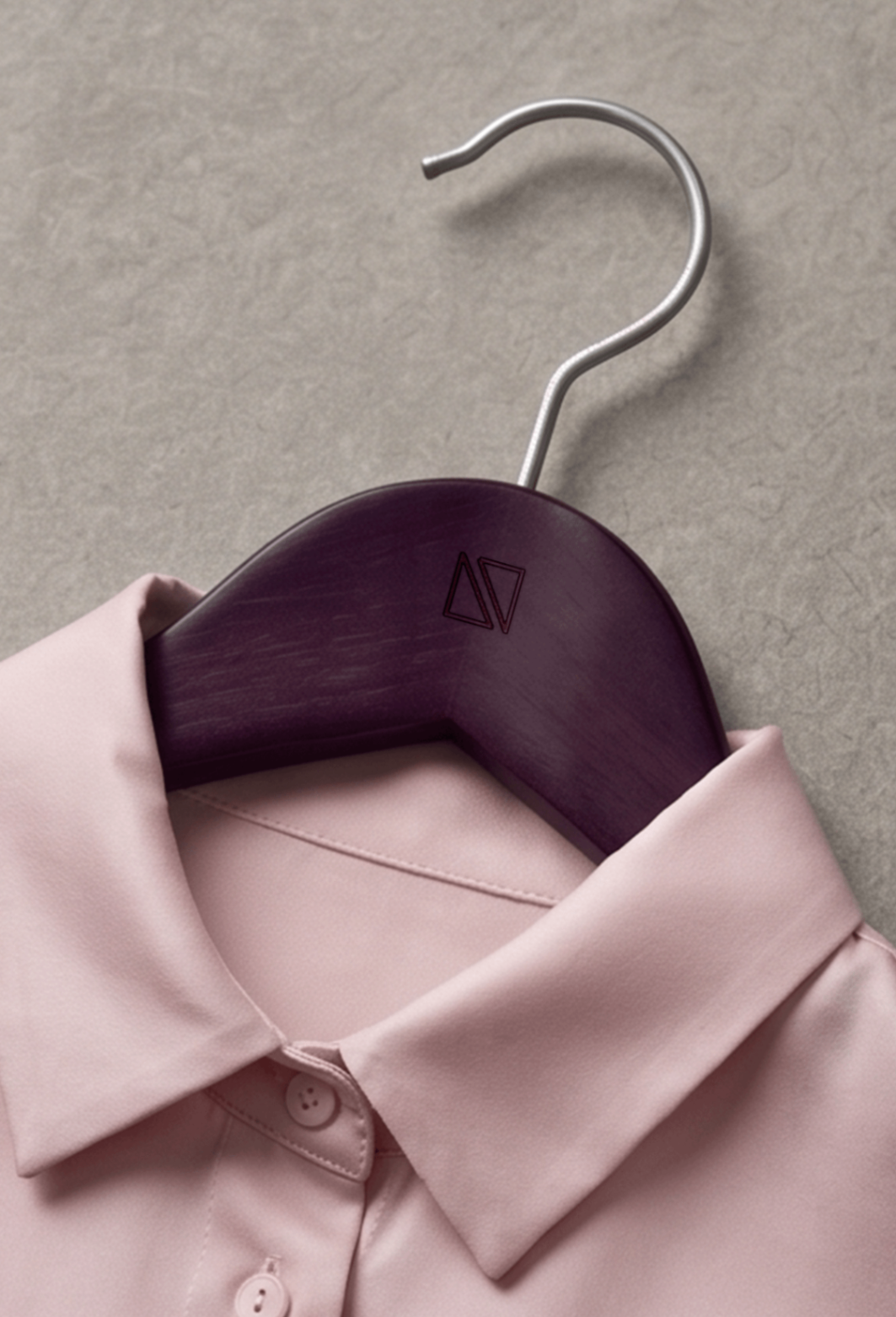 Plum wooden Duevon hanger cradling a blush shirt collar
