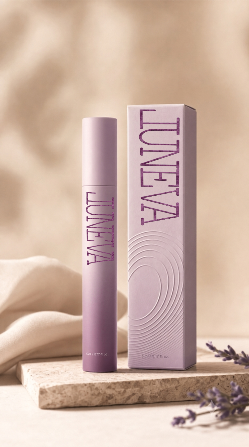 Luneva cosmetic product and lavender packaging standing on a stone plinth