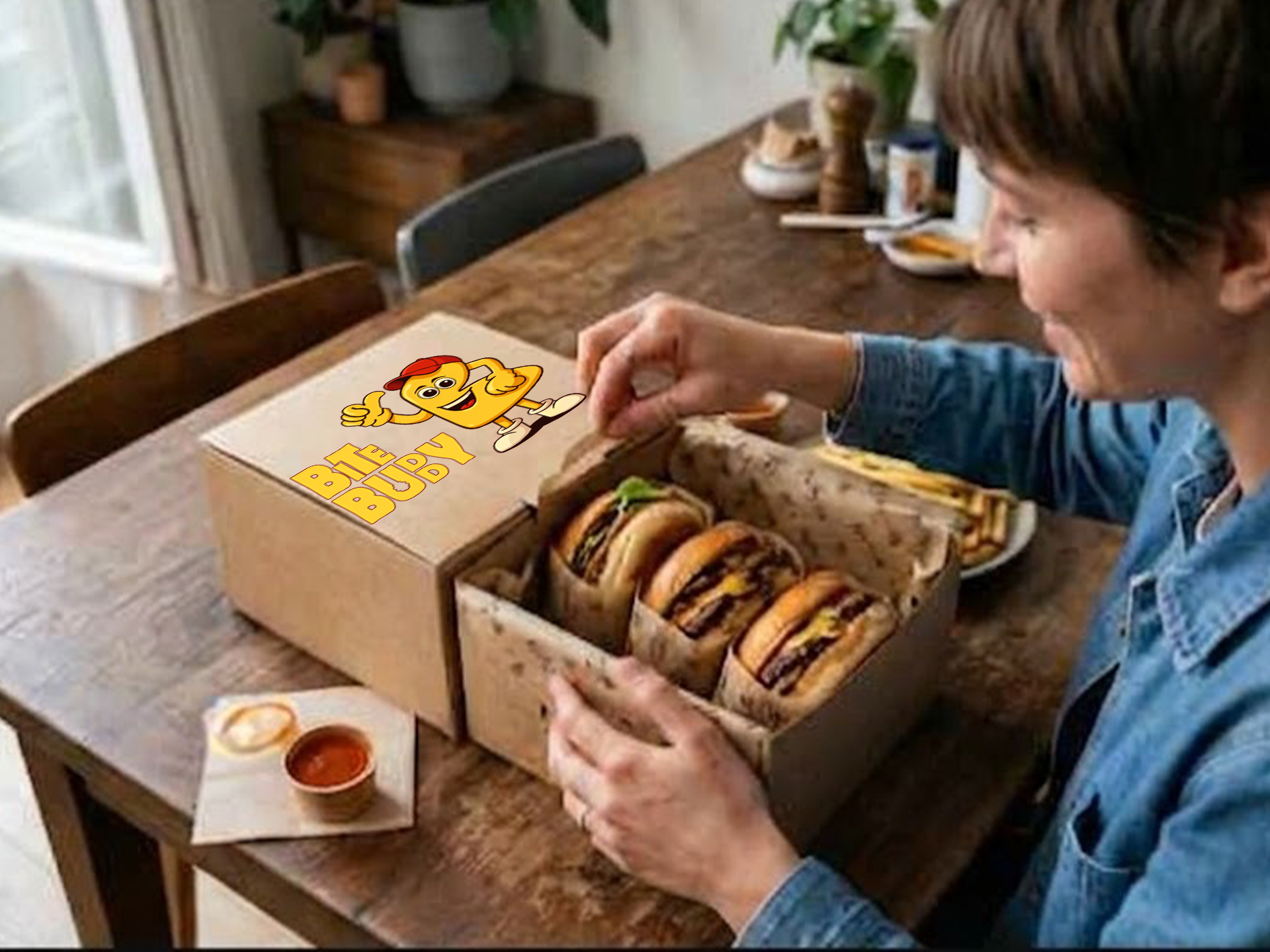 Person opening a BiteBuddy burger box at a dining table
