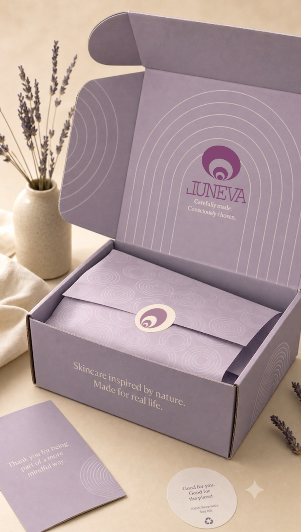 Luneva lavender packaging box with inserts and printed brand elements