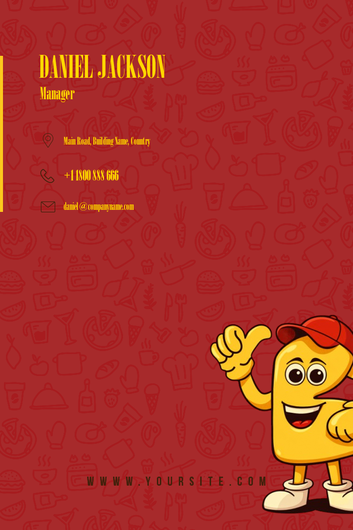 BiteBuddy branded business card on red food-icon pattern background with mascot