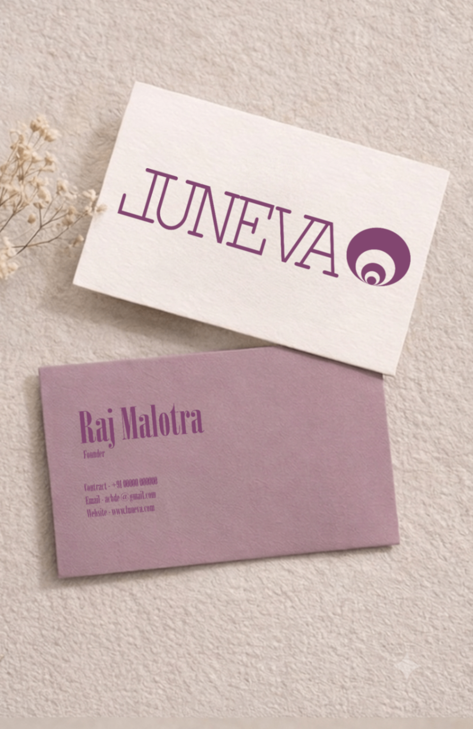 Luneva branded business cards in lavender and cream tones