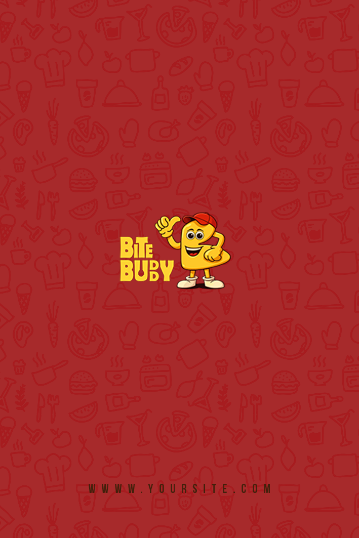 BiteBuddy mascot logo on a red food-icon pattern background